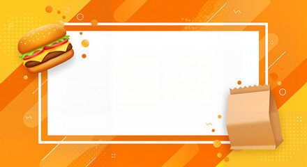 Advertising for food delivery abstract background with burger and paper bag