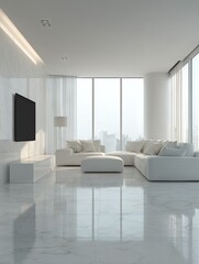 Modern white living room with city view