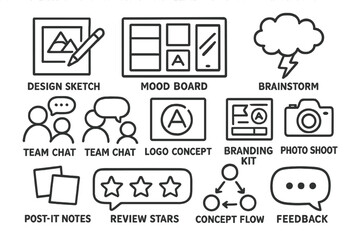 Obraz premium Creative Agency Doodle Icons. Toddler meal doodle icon set: hand drawn icons of sippy cup, spoon, divided plate, high chair,