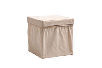 Square, light beige storage ottoman with a frilled top