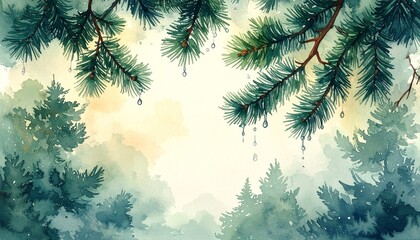 Obraz premium Hand-painted digital watercolor of raindrops dripping from pine forest branches