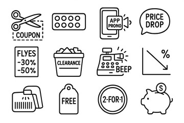 Couponing Doodle Icons. Couponing doodle icon set: hand drawn icons of scissors cutting coupon, loyalty punch card, app promo