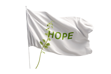 White flag, waving, displaying the word "HOPE" in green, with green leaves