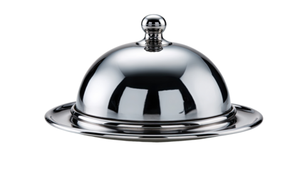 Polished chrome dome food cover on tray, studio shot