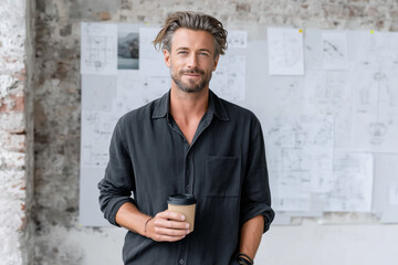 Confident modern man with casual style holding takeaway coffee cup in creative office space, standing in front of architectural sketches and plans, professional lifestyle portrait