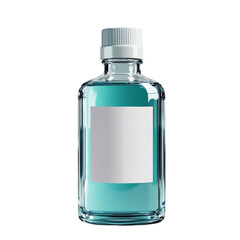 Clear glass bottle filled with turquoise liquid, featuring a blank white label for customization, isolated on a transparent background.