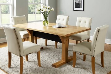 A modern dining table with six cream upholstered chairs in a bright, stylish room.