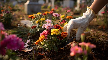Autumn gravesite care with white-gloved hand planting colorful flowers before All Saints Day