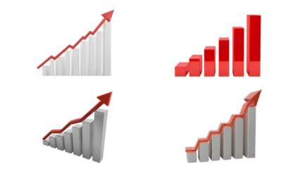 Four 3D Growth Charts with Red Upward Arrows.