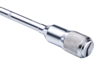 Close-up of a metallic, precision tool.  A long, slender shaft connects to a textured, knurled handle.  A small, recessed notch is visible on the end