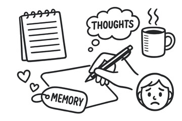 Naklejka premium Journaling Doodles Collection. Journaling moment: hand drawn doodles of notepad, thoughts cloud, pen in hand, coffee mug, memory