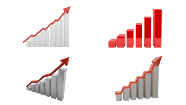 Four 3D Growth Charts with Red Upward Arrows.