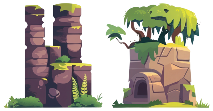 PNG Whimsical ancient ruins illustration, element set on transparent background