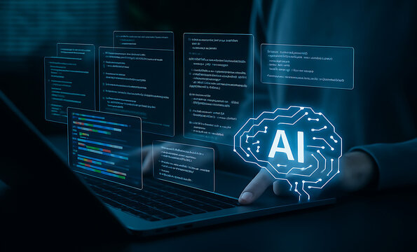 Developer Coding on Laptop with AI Programming and Digital Hologram. - Powered by Adobe