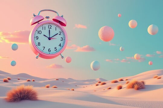 Whimsical pink alarm clock floating in a dreamy pastel sky