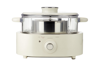 A cream-colored multi-functional cooker with a clear lid and stainless steel inner pot.  Control panel with knobs and indicators. Compact design