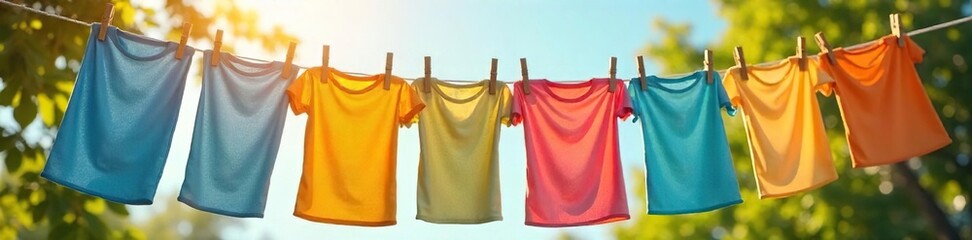 Freshly laundered clothes drying on a clothesline in bright sunlight, vibrant colors, a summer breeze Perfect for cleaning, freshness, and outdoor lifestyle themes , washing, spring, summer