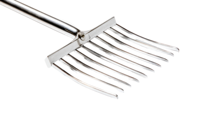 Metal hay rake with long handle, close-up