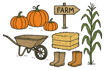 Pumpkin Patch Doodles. Pumpkin patch day: hand drawn doodles of wheelbarrow, orange pumpkins, hay bale, farm sign, boots, and corn