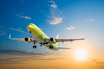 Classic big Airplane flies in blue sunset sky.
