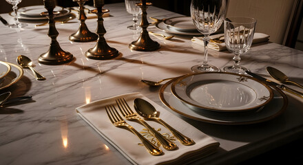 Elegant table setting with tableware, gold accents, candlelight, and fine dining ambiance