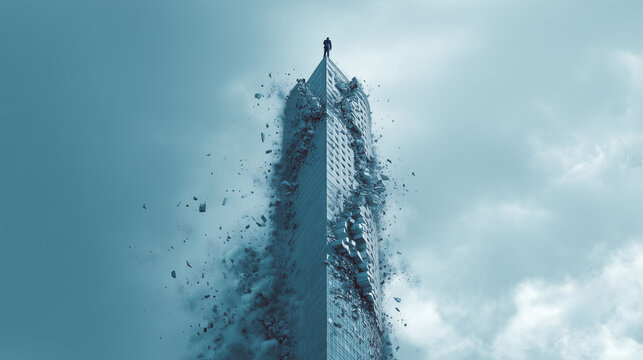 Tall building collapsing into debris against cloudy sky
- Powered by Adobe