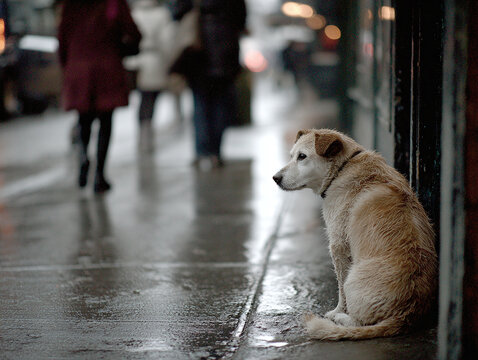 abandoned dog miserably leaning on a wall in a city street while people pass by