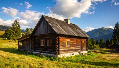 Fototapeta premium Rustic wooden mountain chalet in a grassy meadow under a partly cloudy sky