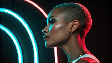 A bold profile shot highlights the graceful arches of the cheekbone brilliantly lit by a neon light that follows its shape creating a captivating contrast against the surrounding