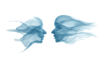 Two profile faces, rendered as wispy, light-blue smoke or mist, facing each other, evocative of a connection or dreamlike state