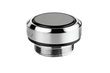 Chrome sensor button, close-up, industrial setting, website component