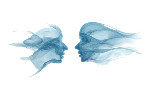 Two profile faces, rendered as wispy, light-blue smoke or mist, facing each other, evocative of a connection or dreamlike state