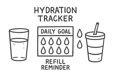 Hydration Tracker Elements. Hydration tracker: hand drawn doodles of water glass, daily goal chart, drop icons, refill reminder,