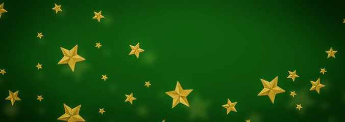 Golden Christmas stars sparkle on a soft green bokeh background, creating a festive and elegant holiday banner.