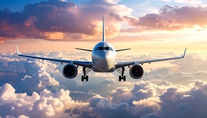 Airplane soaring through dramatic sunset clouds