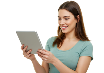 Engaging Woman Using Tablet, Indoor Setting, Lifestyle Image, Positive Mood, Technology Interaction, Close-up View