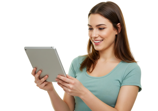 Engaging Woman Using Tablet, Indoor Setting, Lifestyle Image, Positive Mood, Technology Interaction, Close-up View
