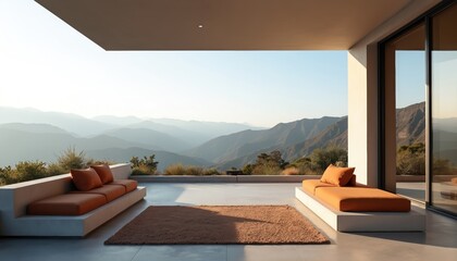Modern outdoor patio features sleek benches, rug against expansive mountain views. Minimalist design blends nature with contemporary architecture for calm, inviting retreat. Open space offers
