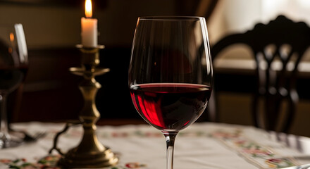 Naklejka premium Elegant Still Life Featuring Wine Glass Candlelight And Antique Tableware