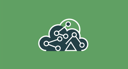 Cloud computing network with connected nodes and data points.