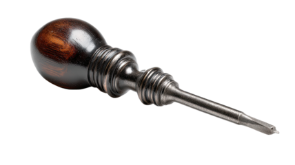 Antique woodworking tool, a dark-colored wooden handle with a metal shaft