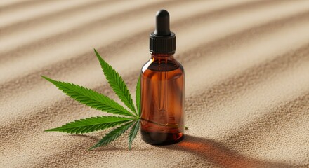 Amber Glass Bottle of Skincare Oil on Textured Sand Surface with Hemp Leaf