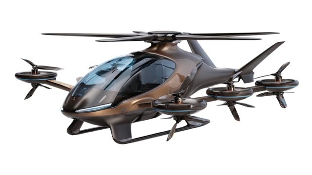 Futuristic,  bronze-toned,  vtol  aircraft,  hovercraft design.  Advanced,  multirotor  air vehicle,  modern design