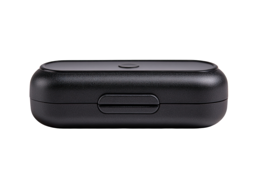 Wireless earbuds case, charging, studio, black background, product shot