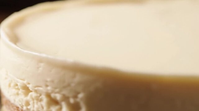 Detailed close-up macro shot of a delicious and creamy classic cheesecake, highlighting its perfectly smooth and velvety texture. A gourmet baked dessert background