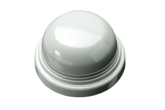 White dome button press studio shot, black background, website design element