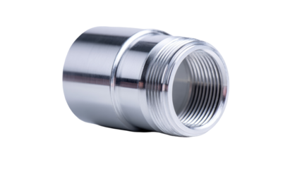 Precision machined aluminum connector, studio shot, on black background, industrial part