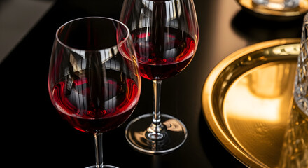 Naklejka premium Elegant Wine Glasses Beside A Gold Tray, Ready For An Intimate Celebration Moment