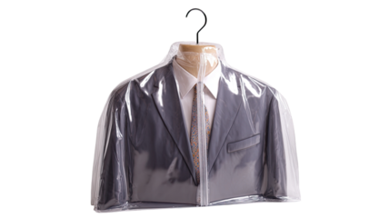 Dry-cleaned suit, plastic bag, hanger, studio, background blur, clothing care