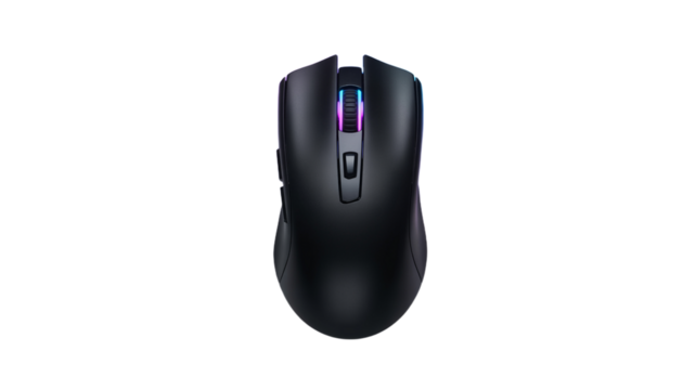 Sleek black gaming mouse with vibrant RGB scroll wheel and side buttons